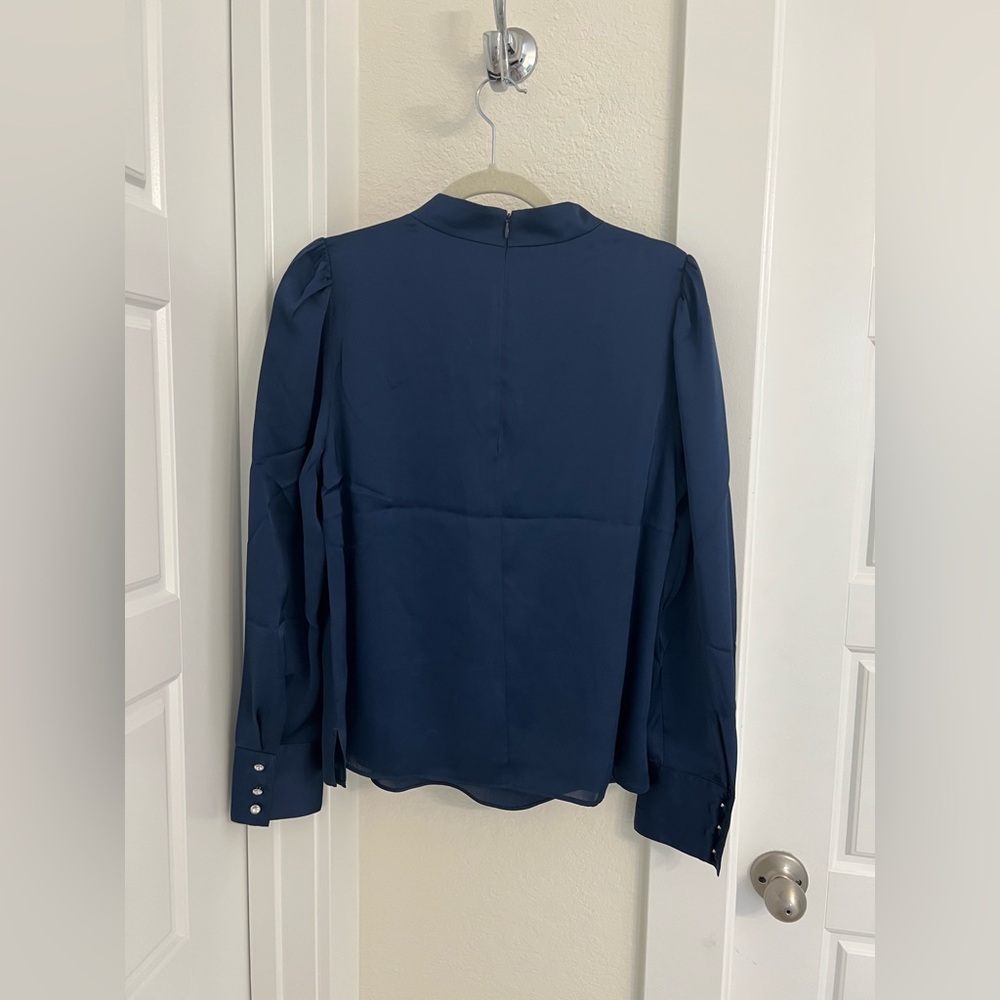 Navy Satin High-Neck Long-Sleeve Blouse - Picture 3 of 11